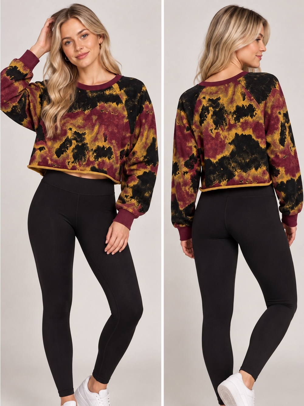 JoyLab Cropped Sweatshirt Women’s Tie Dye Black Burgundy Mustard